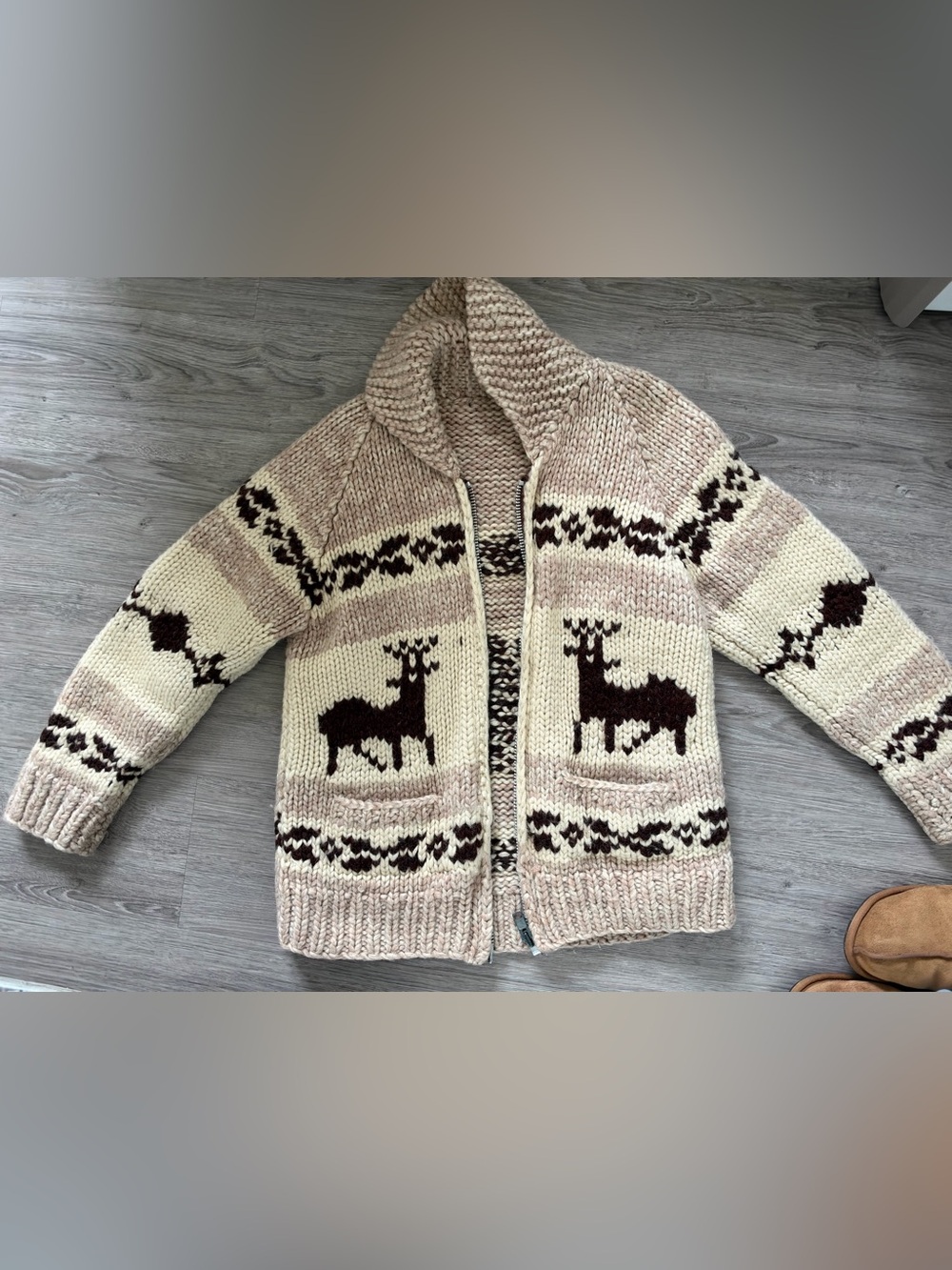 Hand-Knit Beige and Cream Zip-Front Sweater with Dark Brown Deer Motif